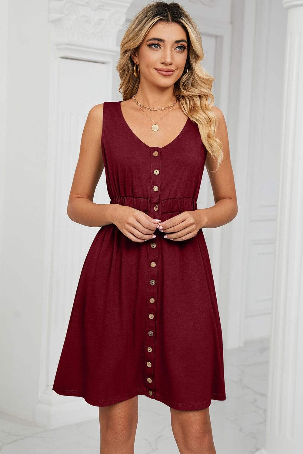 Buttoned Wide Strap Mini Dress - Trendsi - Flyclothing LLC