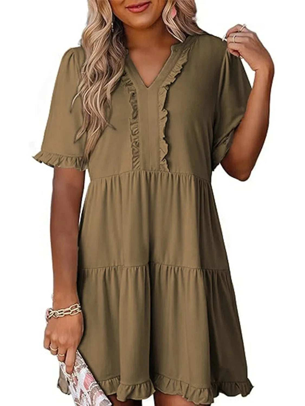 Tiered Notched Short Sleeve Mini Dress - Trendsi - Flyclothing LLC