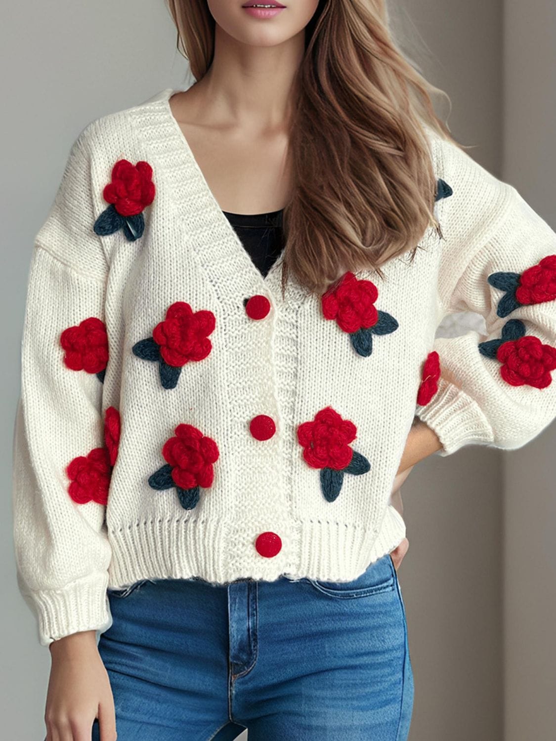 Flower Button Down V-Neck Long Sleeve Cardigan - Trendsi