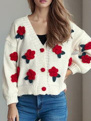 Flower Button Down V-Neck Long Sleeve Cardigan - Trendsi