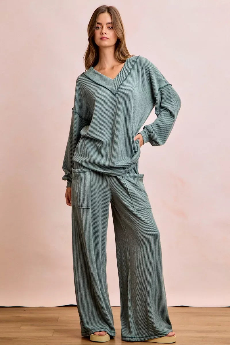 BiBi Two Tone Cord Rib Contrast Stitching V-Neck Top and Pants Set - Trendsi - Flyclothing LLC
