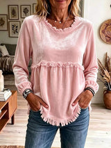 Fringed Hem Long Sleeve T-Shirt - Trendsi - Flyclothing LLC