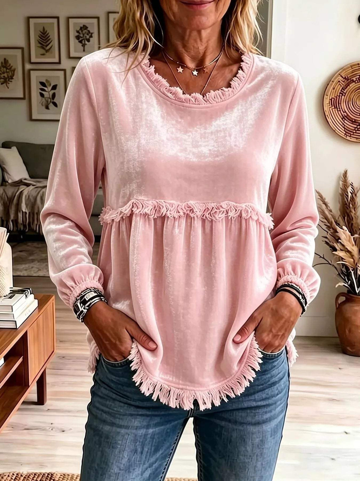 Fringed Hem Long Sleeve T-Shirt - Trendsi - Flyclothing LLC