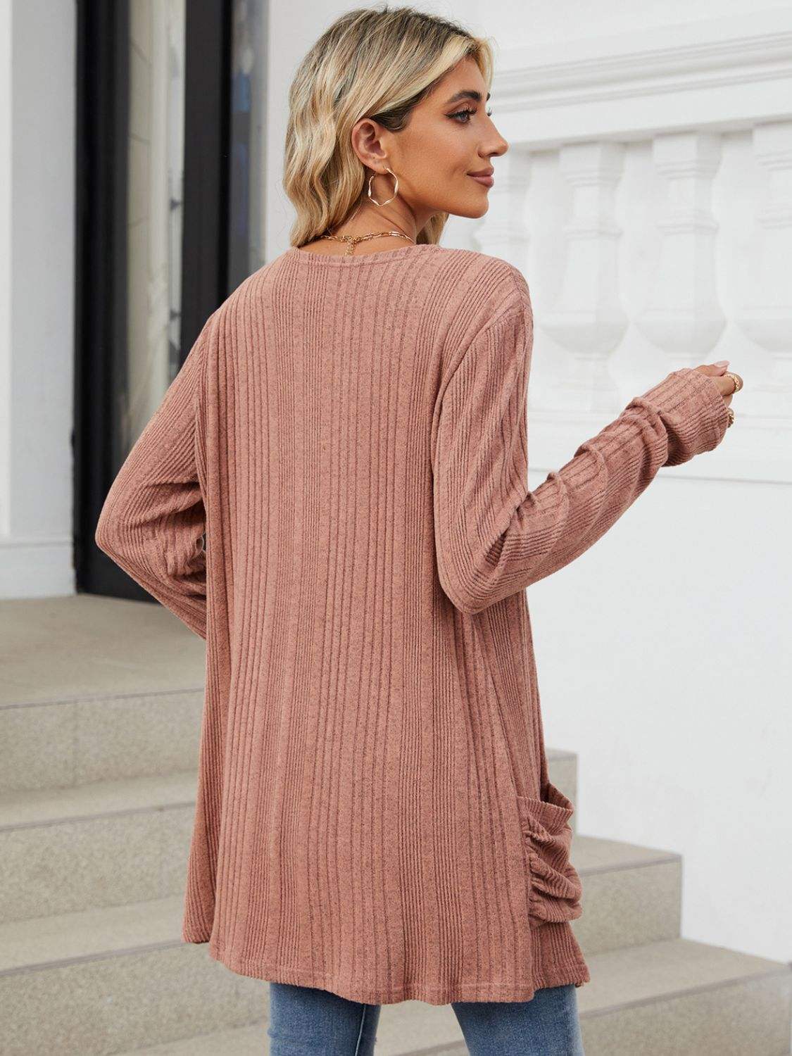 Pocketed Open Front Long Sleeve Cardigan - Trendsi - Flyclothing LLC