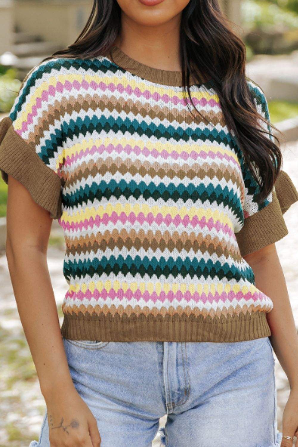 Contrast Round Neck Short Sleeve Sweater - Trendsi - Flyclothing LLC