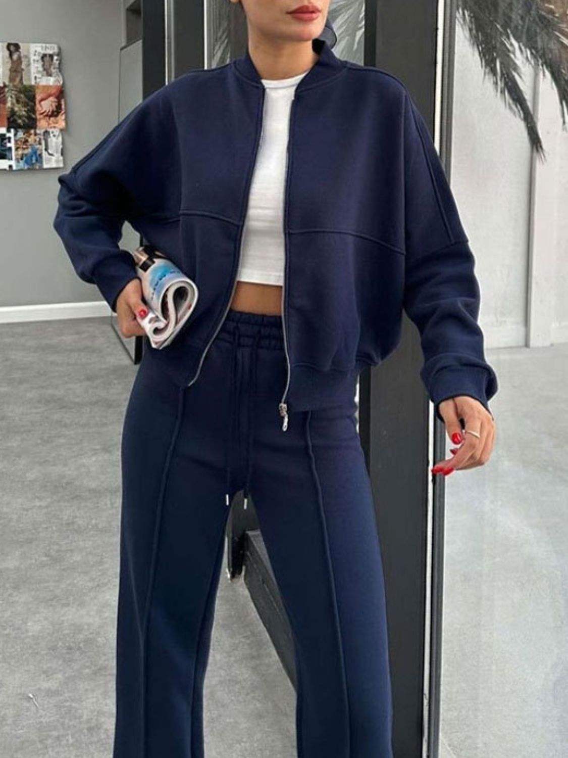 Baseball Collar Zip Up Outerwear and Drawstring Pants Set - Trendsi - Flyclothing LLC