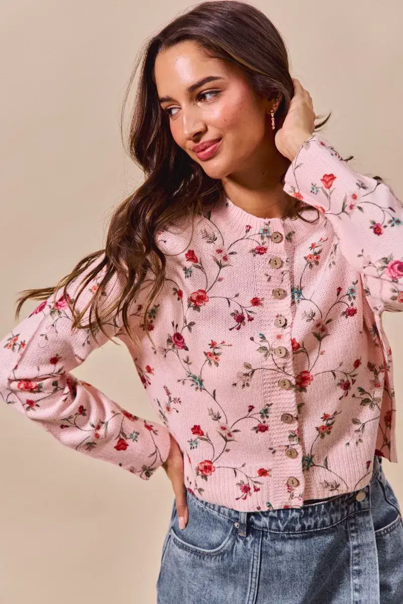 SO ME Floral Print Button Front Sweater Cardigan Top - Trendsi - Flyclothing LLC