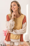 BiBi Waffle-Knit Exposed Seam Color Block Uneven Hem Top - Trendsi