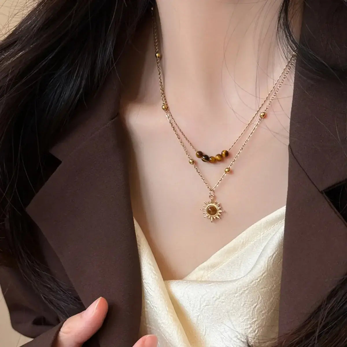 Tiger's Eye Copper Double Layered Necklace - Trendsi - Flyclothing LLC