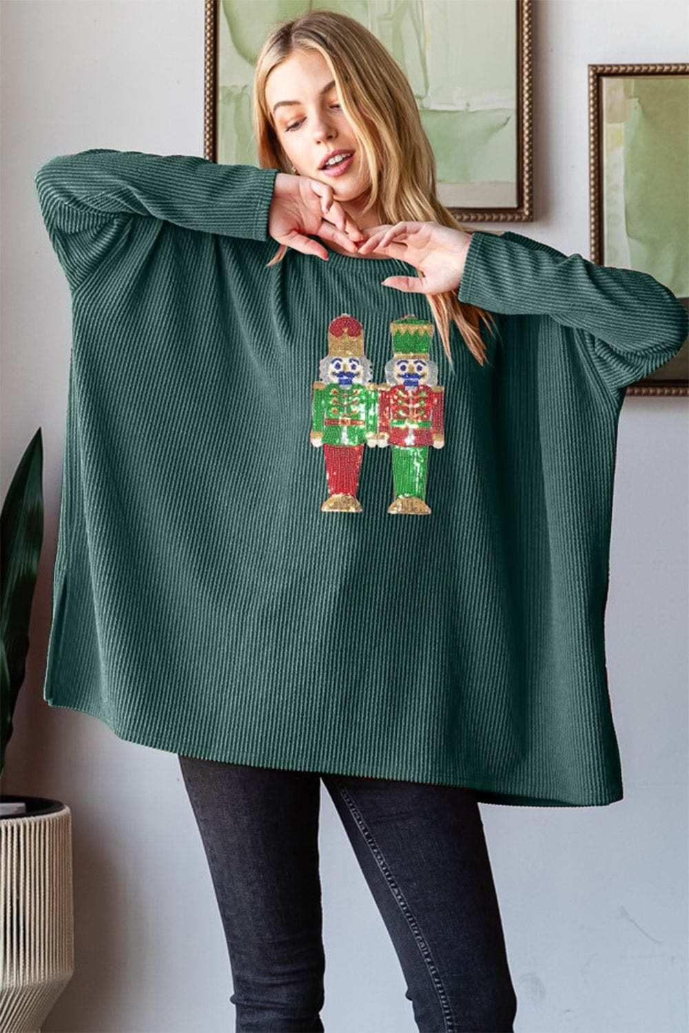 Heimish Sequin Nutcracker Long Sleeve Ribbed Top - Trendsi - Flyclothing LLC