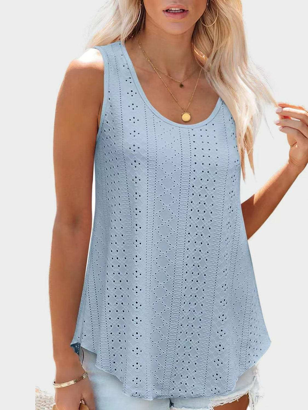 Florira Eyelet Round Neck Tank - Trendsi - Flyclothing LLC