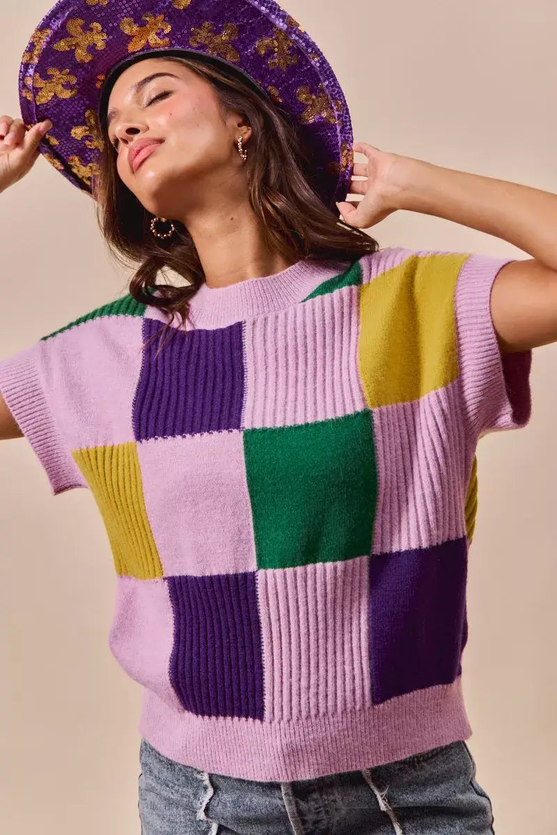 SO ME Mardi Gras Check Plaid Casual Sweater Top - Trendsi - Flyclothing LLC