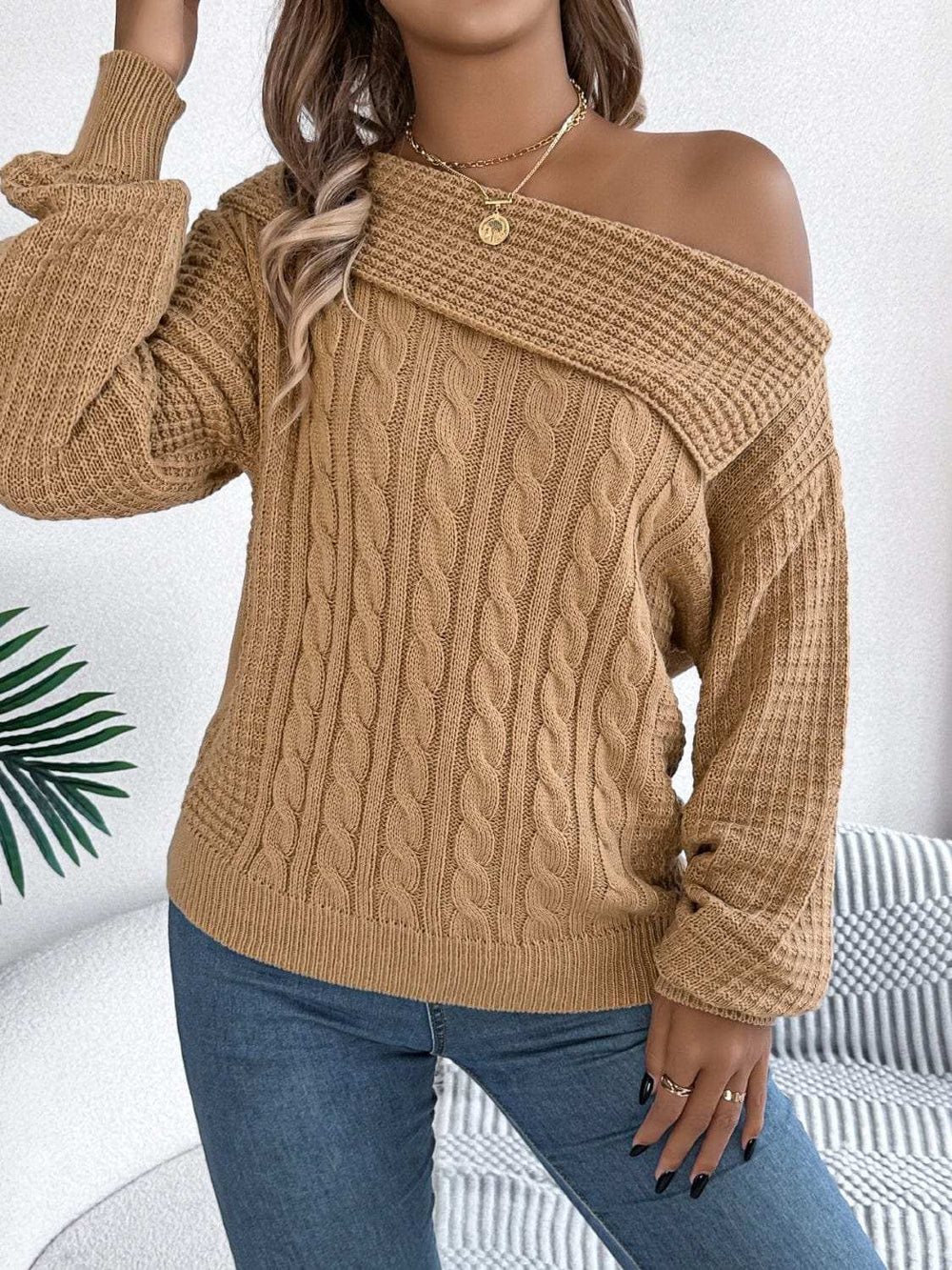 Cable-Knit One Shoulder Long Sleeve Sweater - Trendsi - Flyclothing LLC