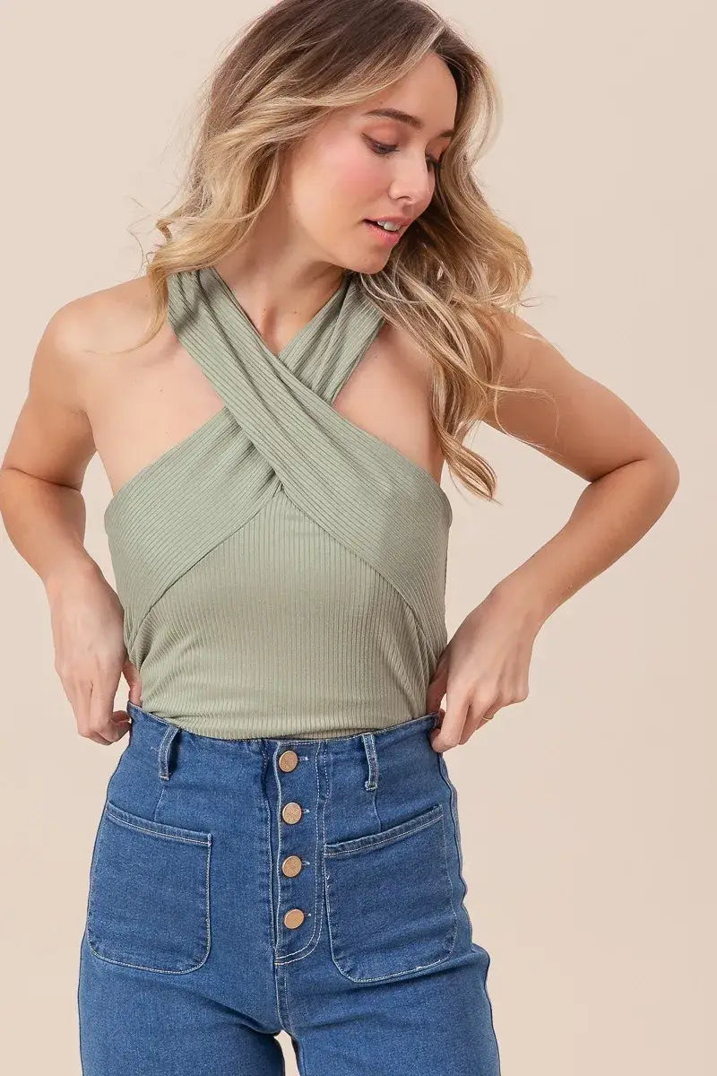BiBi Rib Knit Cross Neck Banded Top - Trendsi - Flyclothing LLC