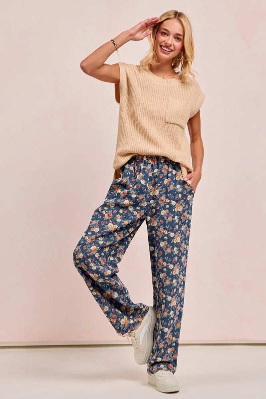 BiBi Washed Floral Print Wide Leg Jeans - Trendsi - Flyclothing LLC
