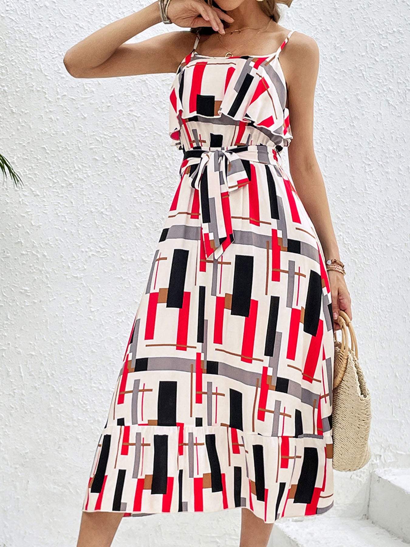 Ruffled Printed Tie Waist Midi Dress - Trendsi - Flyclothing LLC