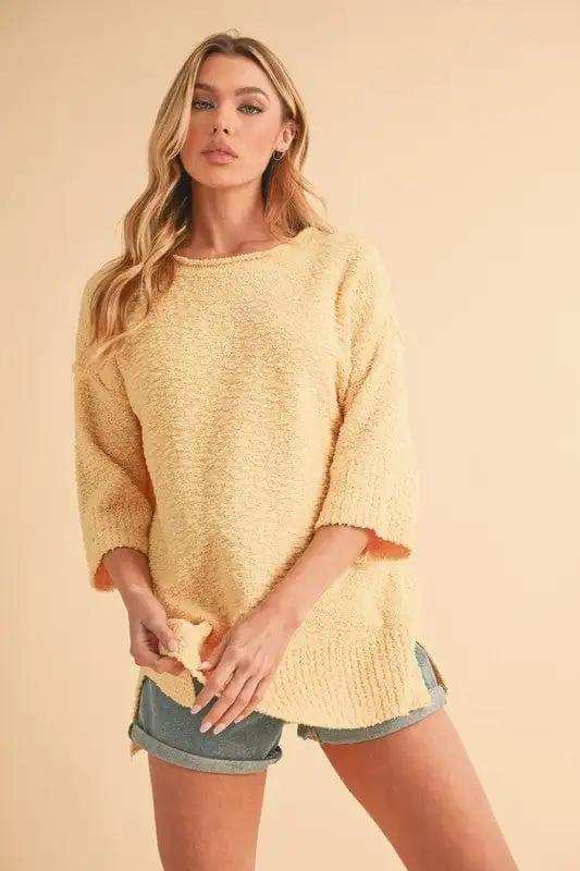 Aemi + Co Side Slit Ribbed Hem Round Neck Sweater - Trendsi - Flyclothing LLC