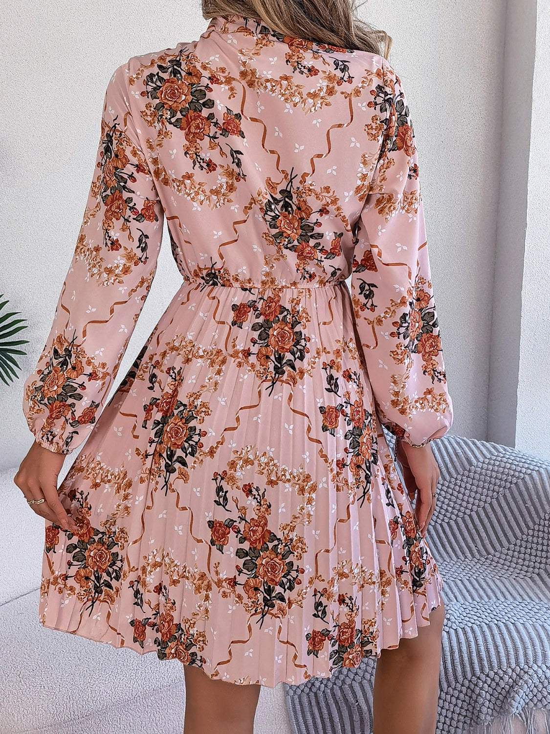 Pleated Printed Tie Neck Long Sleeve Dress - Trendsi - Flyclothing LLC