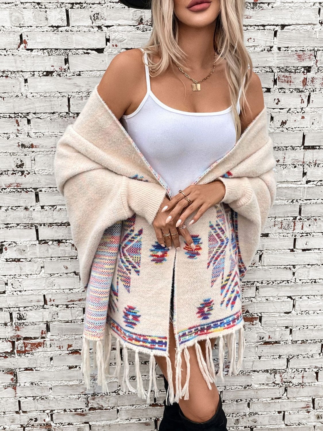 Fringe Geometric Open Front Long Sleeve Cape - Trendsi