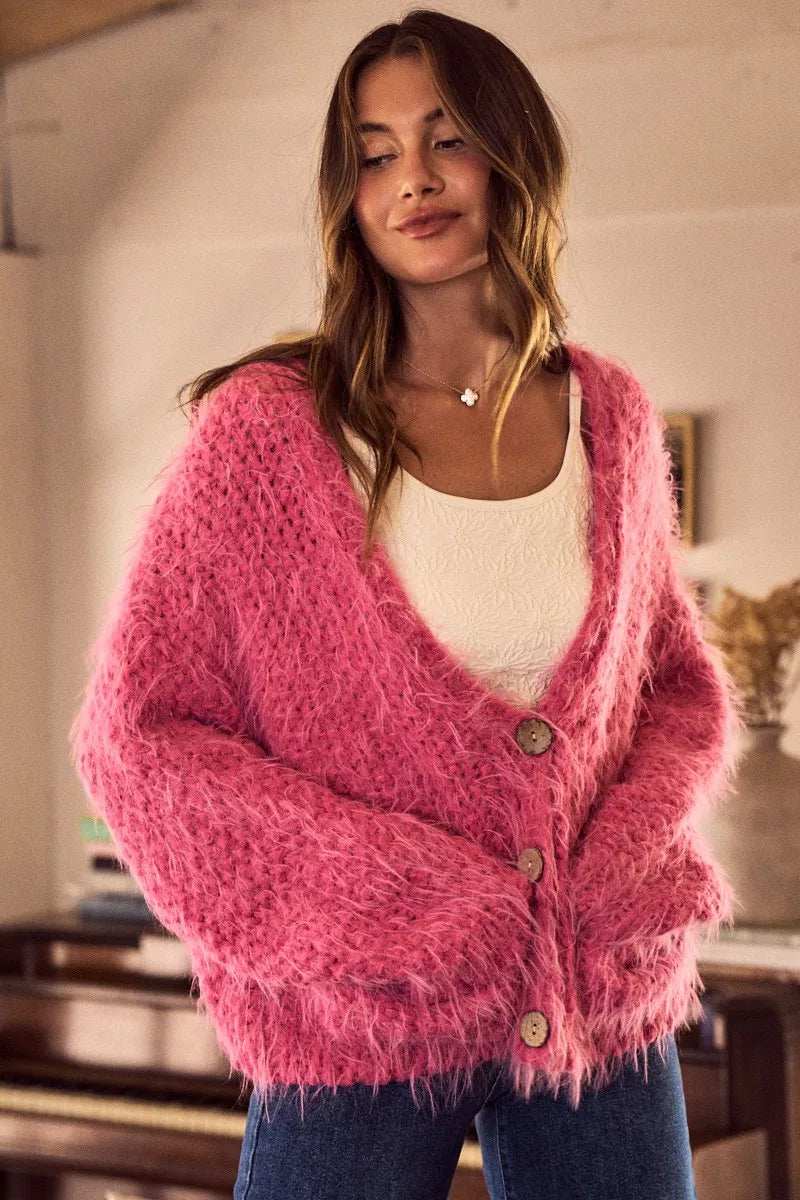 SO ME Soft Touch Hairy Loose Fit Cozy Sweater Cardigan - Trendsi - Flyclothing LLC