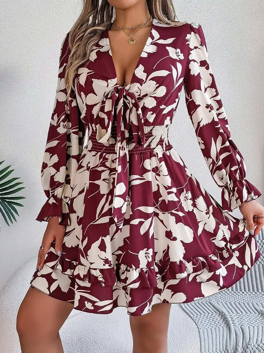 Tied Ruffled Printed Long Sleeve Dress - Trendsi - Flyclothing LLC