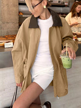 Oversized Contrast Collar Jacket with Drawstring Waist - Trendsi - Flyclothing LLC