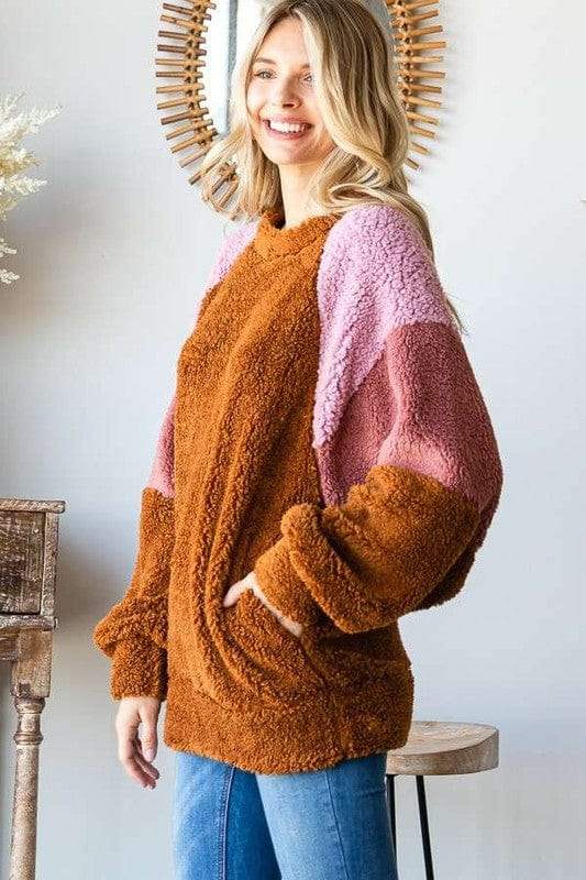 Culture Code Color Block Faux Fur Raglan Sleeve Sweatshirt - Trendsi - Flyclothing LLC