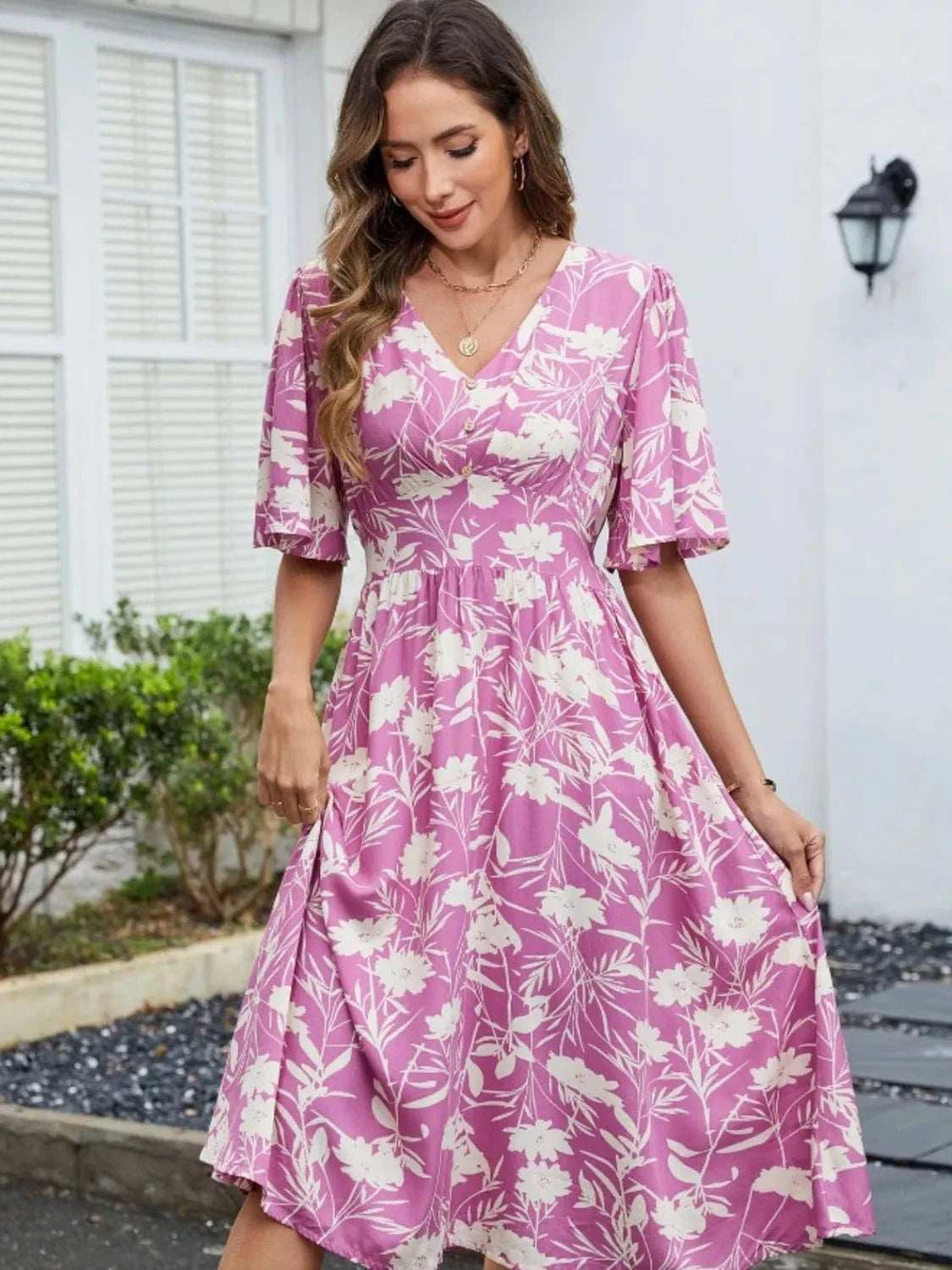 Printed V-Neck Flutter Sleeve Dress - Trendsi - Flyclothing LLC