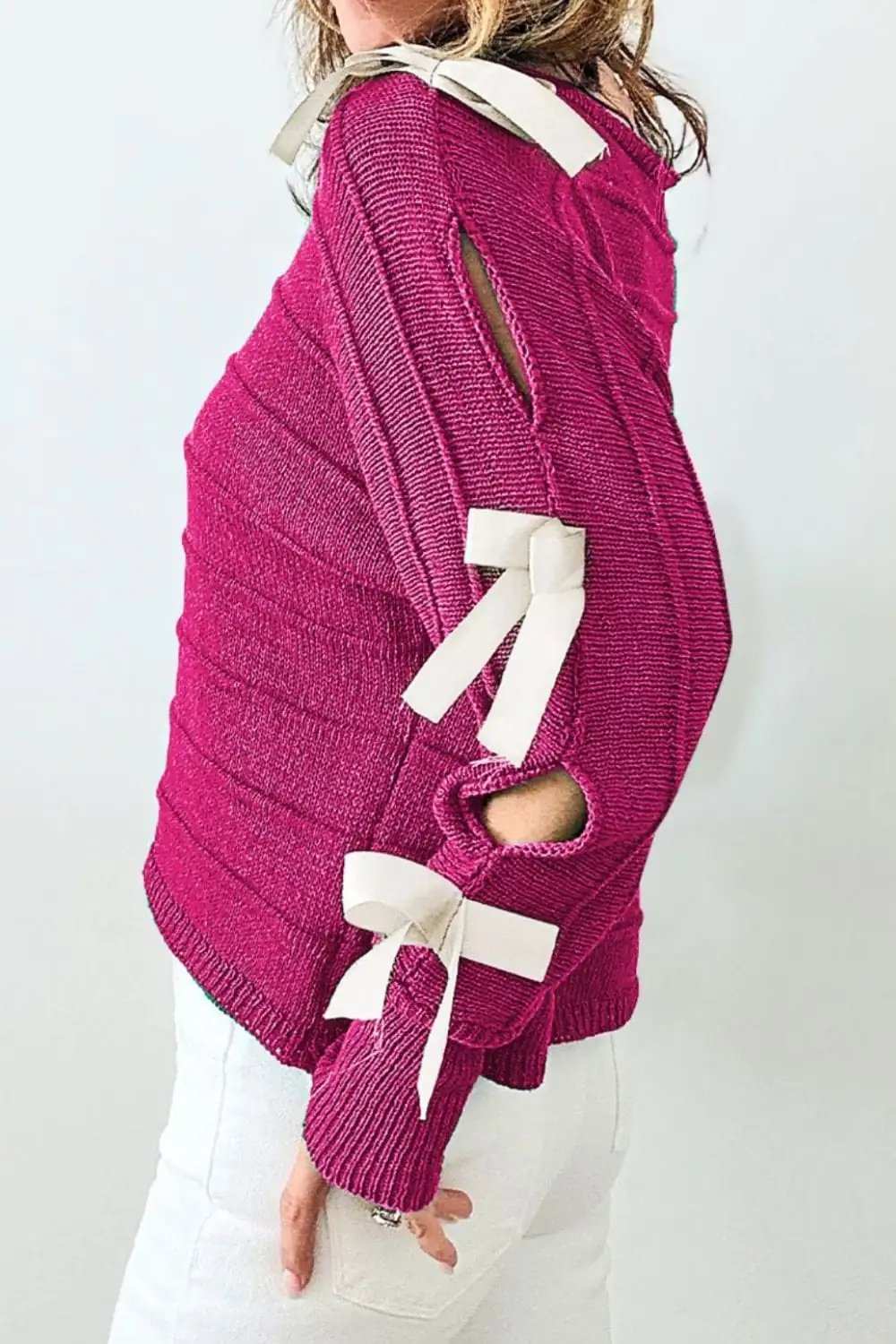 Bow Cutout Round Neck Long Sleeve Knit Top - Trendsi - Flyclothing LLC