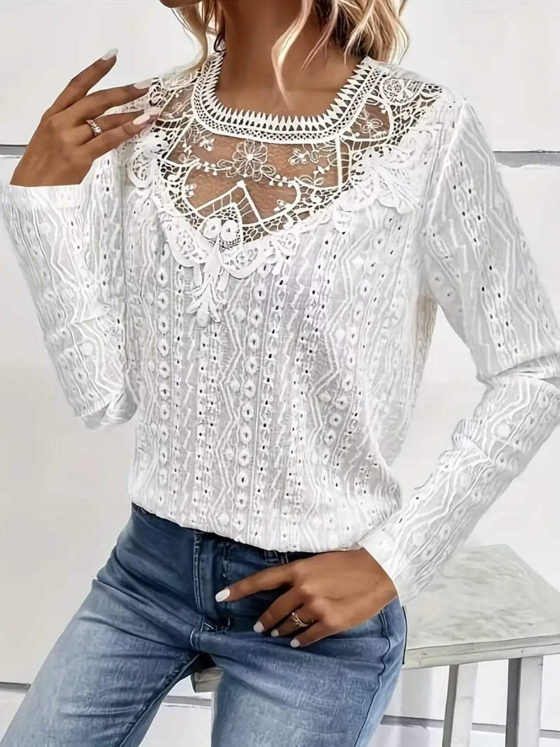 Lace Eyelet Long Sleeve Top - Trendsi - Flyclothing LLC