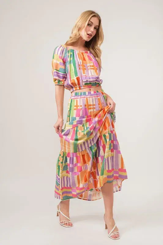 And The Why Puff Sleeve Elastic Edges Geo Printed Crop Top - Trendsi - Flyclothing LLC