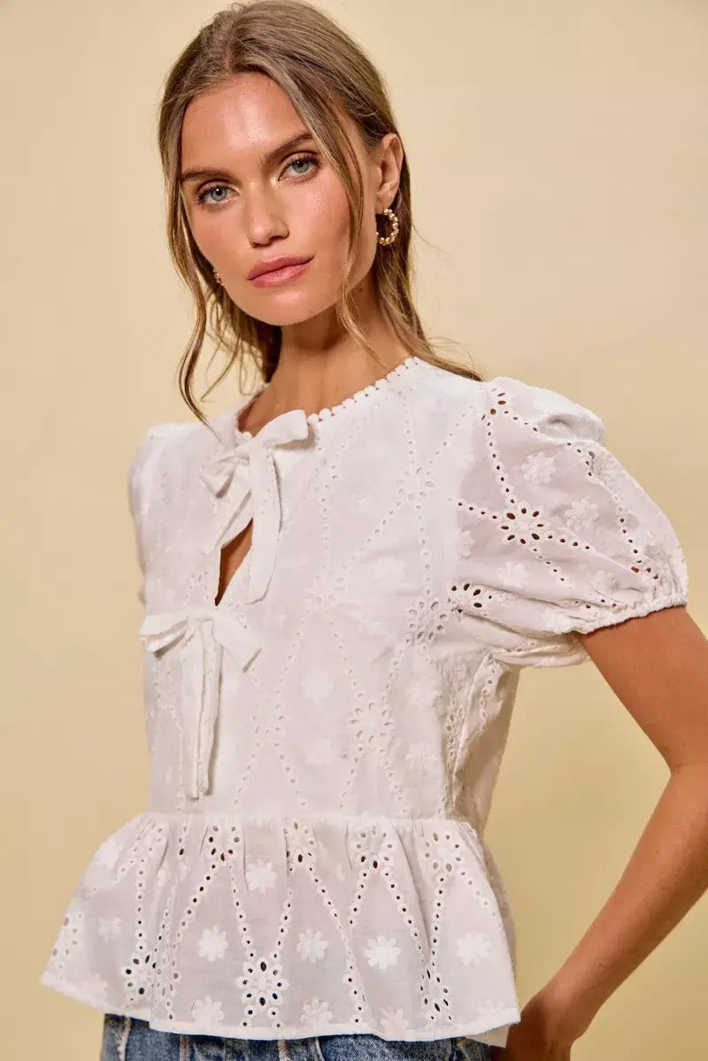 SO ME Cotton Eyelet Front Tie Short Sleeves Blouse - Trendsi - Flyclothing LLC