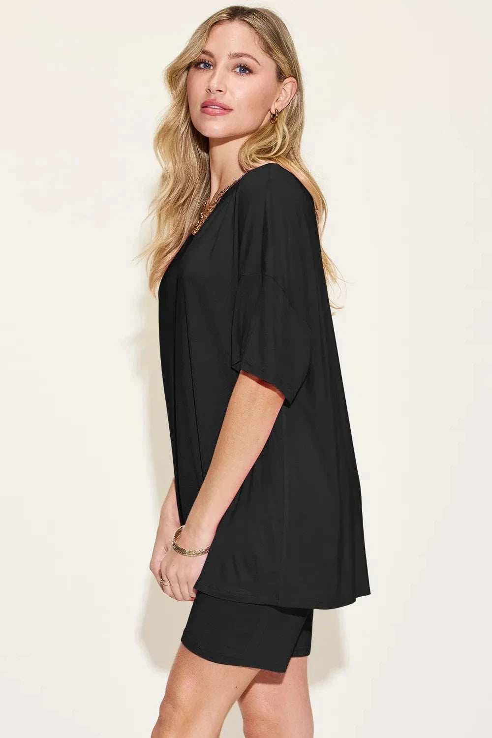 Basic Bae Bamboo Full Size V-Neck Drop Shoulder T-Shirt and Shorts Set - Trendsi - Flyclothing LLC