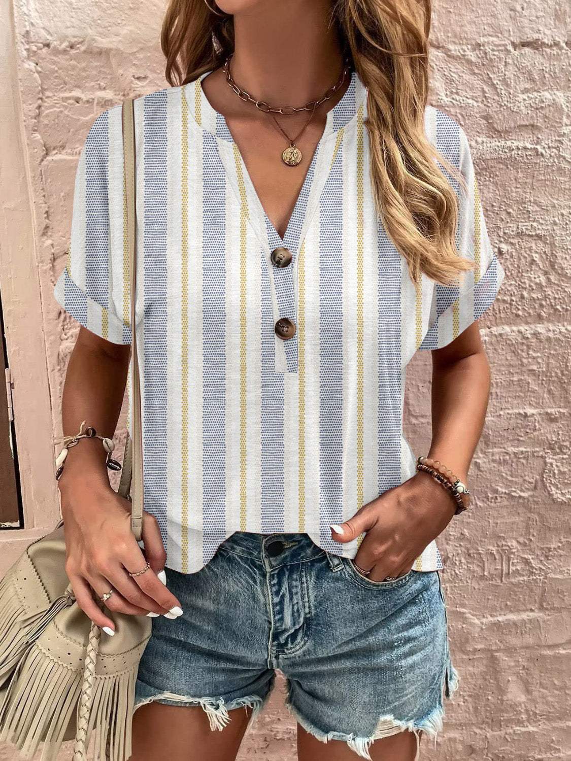 Full Size Printed Notched Short Sleeve Blouse - Trendsi - Flyclothing LLC