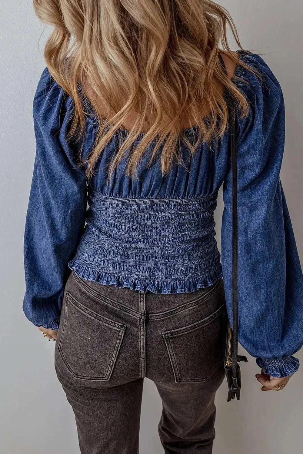Smocked Long Sleeve Denim Top - Trendsi - Flyclothing LLC