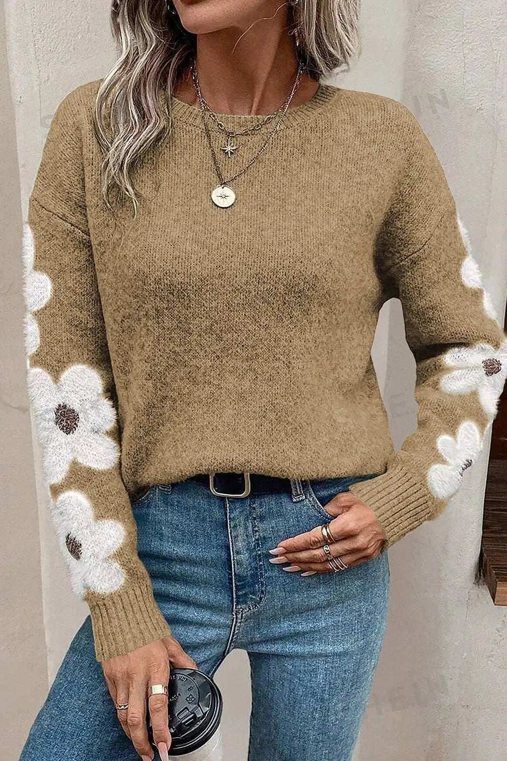 Flower Round Neck Long Sleeve Sweater - Trendsi - Flyclothing LLC