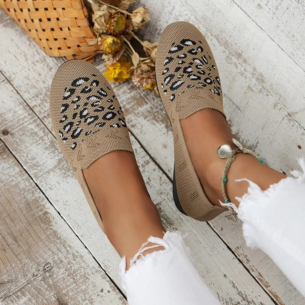 Leopard Mesh Round Toe Flat Slip-Ons - Trendsi