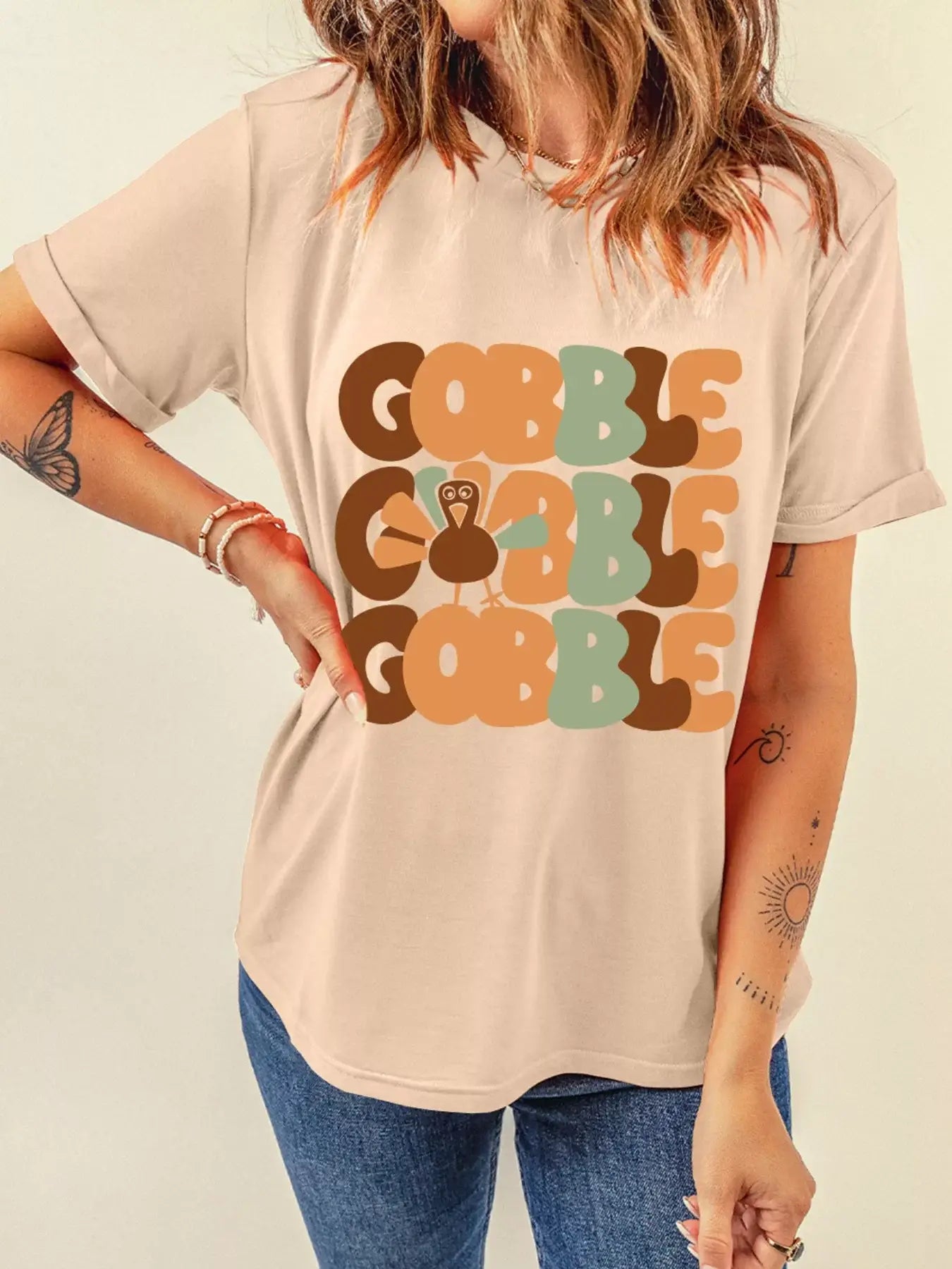 GOBBLE Turkey Graphic Thanksgiving Round Neck Tee - Trendsi - Flyclothing LLC