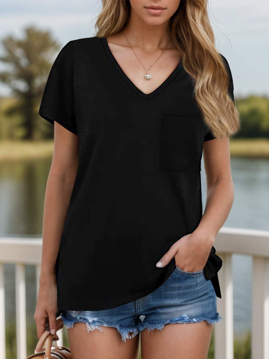 Pocketed Heathered V-Neck Short Sleeve T-Shirt - Trendsi - Flyclothing LLC