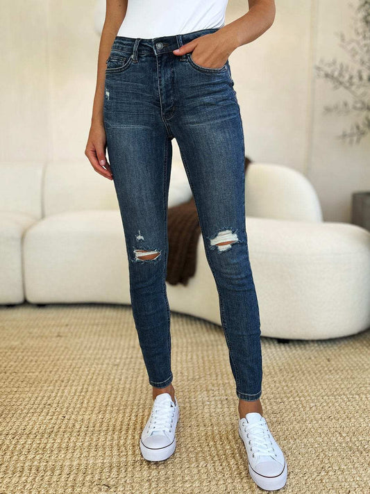 Judy Blue Full Size Mid Waist Distressed Slim Jeans - Trendsi - Flyclothing LLC