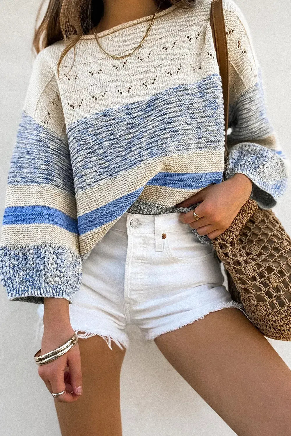 Openwork Striped Knit Long Sleeve Sweater - Trendsi - Flyclothing LLC
