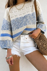 Openwork Striped Knit Long Sleeve Sweater - Trendsi - Flyclothing LLC