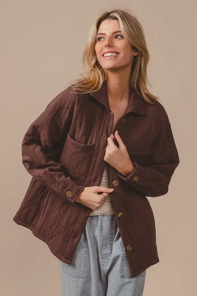 BiBi Quilted Wrinkle Gauze Long Sleeve Shacket - Trendsi - Flyclothing LLC