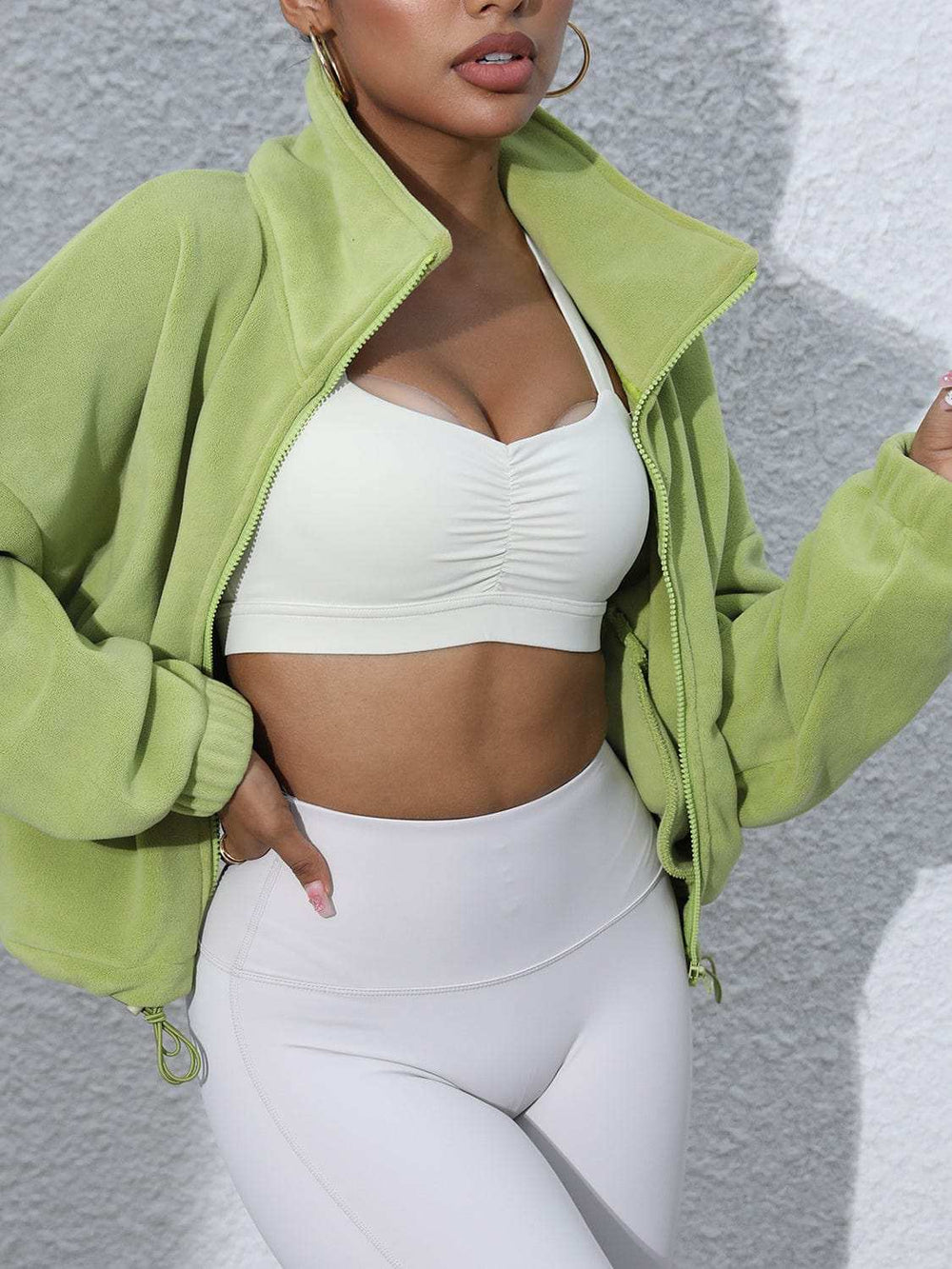 Drawstring Turtleneck Zip Up Long Sleeve Jacket - Trendsi - Flyclothing LLC