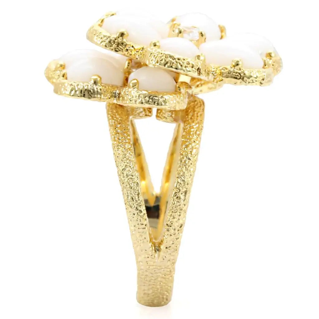 1W045 - Gold Brass Ring with Synthetic Synthetic Glass in White - Alamode - Flyclothing LLC