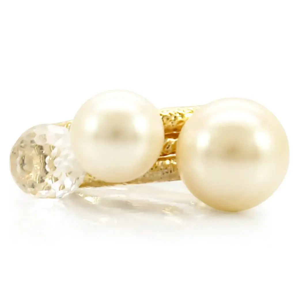 1W054 - Gold Brass Ring with Synthetic Pearl in Citrine Yellow - Alamode - Flyclothing LLC