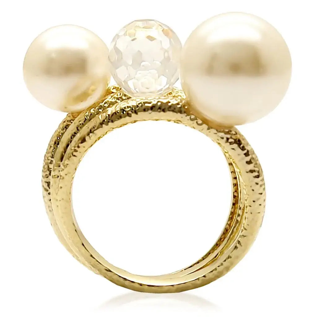 1W054 - Gold Brass Ring with Synthetic Pearl in Citrine Yellow - Alamode - Flyclothing LLC