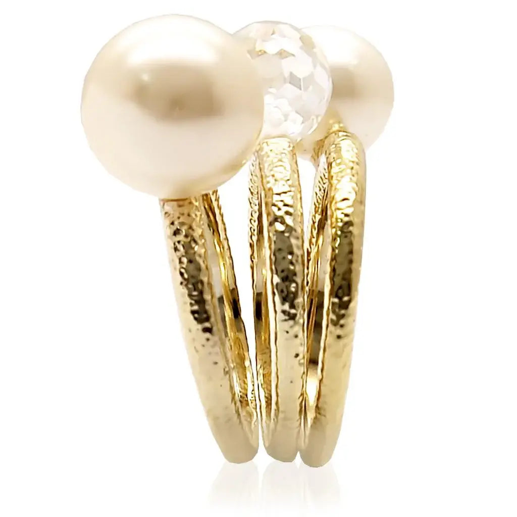 1W054 - Gold Brass Ring with Synthetic Pearl in Citrine Yellow - Alamode - Flyclothing LLC