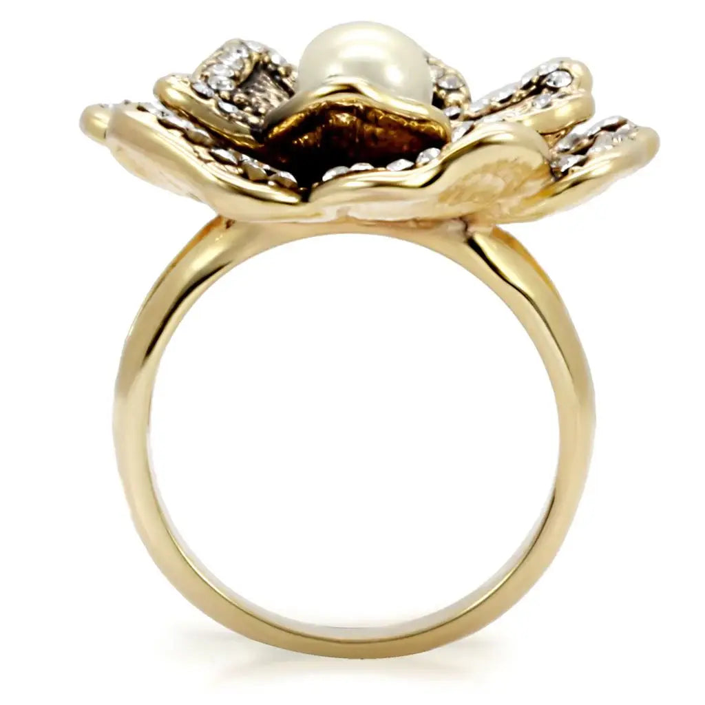 1W063 - Gold Brass Ring with Synthetic Pearl in Citrine Yellow - Alamode - Flyclothing LLC
