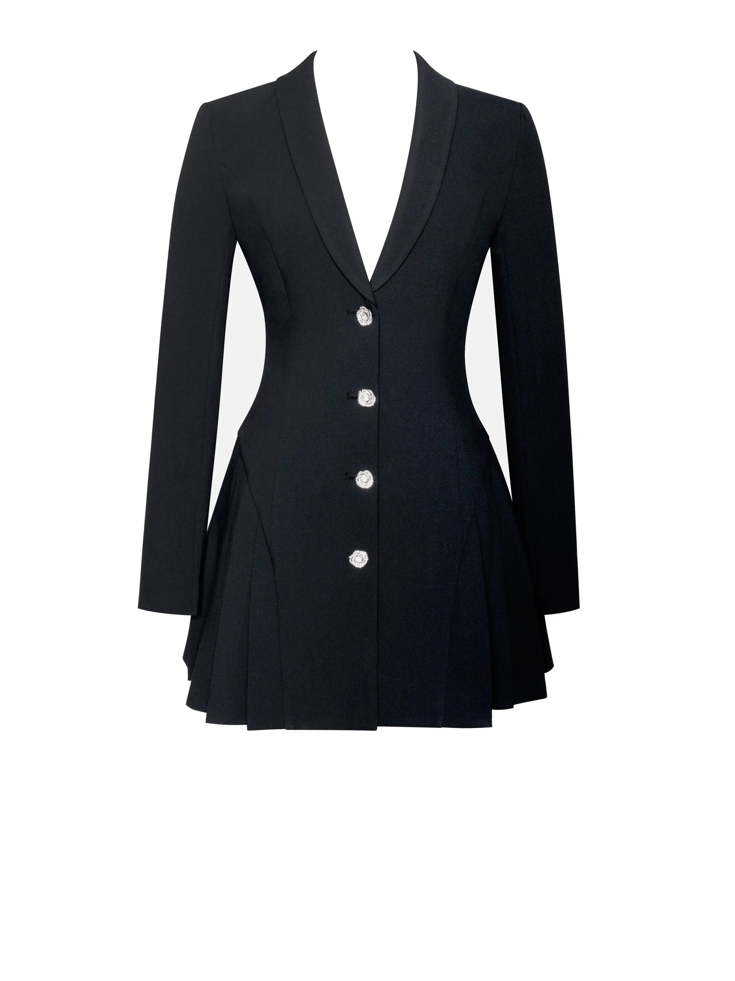 Ria Black Blazer Mini Dress with Crystal Button and Pleated Detail - Miss Circle - Flyclothing LLC